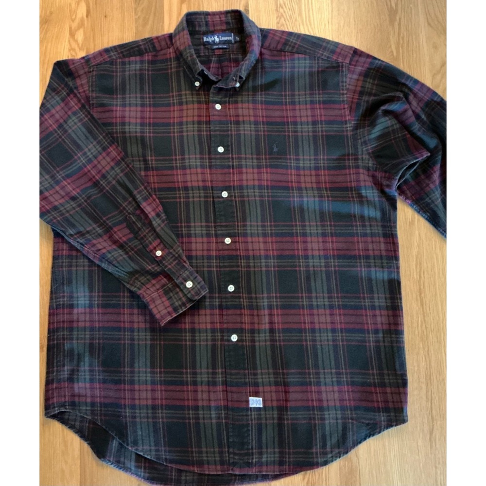 Ralph Lauren Plaid Button Down Shirt Mens L Red Green Blue Cotton Long Sleeve